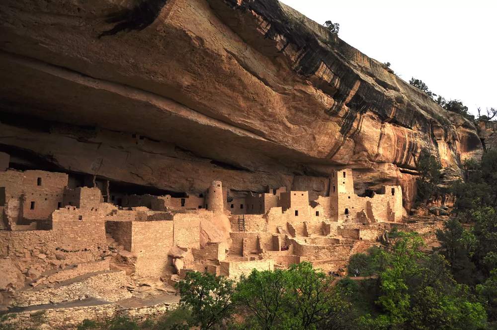 Cliff Palace dwellings tucked into the sandstone alcove at Mesa Verde National Park